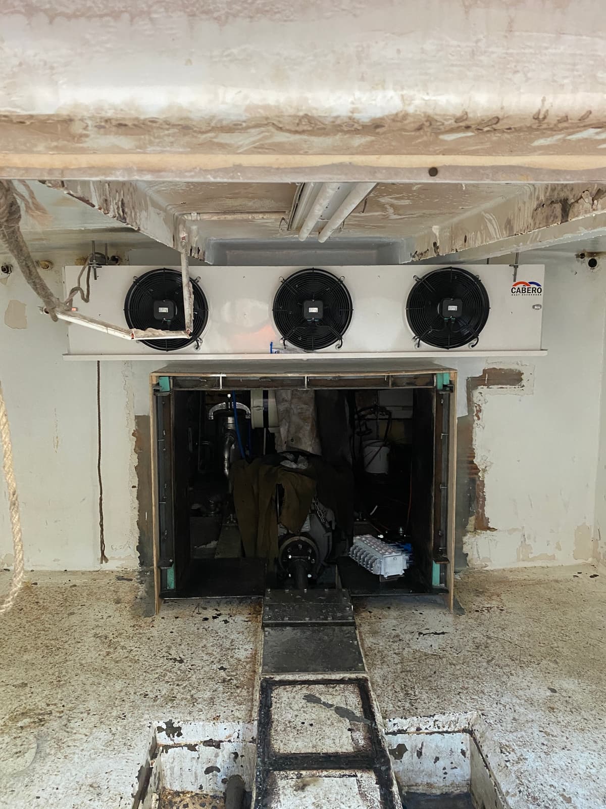 Commercial fishing vessel fishroom with ice machine system